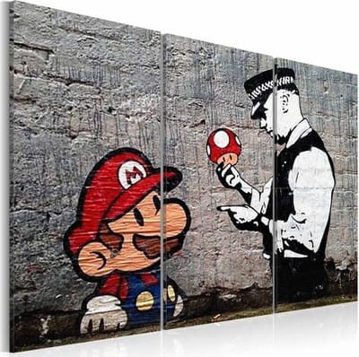 Schilderij - Super Mario Mushroom Cop - Banksy , paddenstoel politie , 3 luik , grijs rood