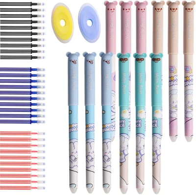 Dailygoods - CONNECTION Bunny Rub Out Pennen 12 Stks 0,5 mm Leuke Cartoon Uitwisbare Balpen met 30 Vullingen en 2 Gummen voor Kinderen, Studenten, Tekenen (Meerkleurig)