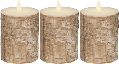 Anna's Collection Stompkaars - 3x - LED - berkenhout bruin - H10 cm - bewegende vlam - kaars