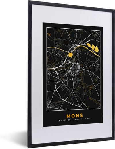 Fotolijst incl. Poster - Mons - Black & gold - Stadskaart - Plattegrond - Kaart - 40x60 cm - Posterlijst
