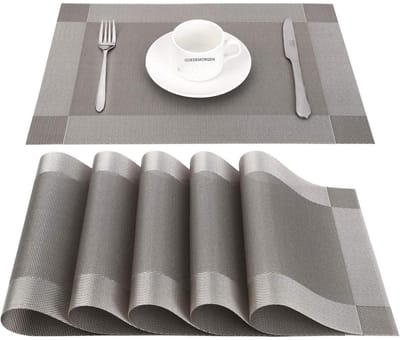 GELLDG Placemats - Wasbare placemats - Uitwisbare placemats - PVC-materiaal - Krasbestendig, hittebestendig en antislip - Geschikt voor keukens, huizen, restaurants en eettafels - 45 cm x 30 cm - Grijs - Set van 6