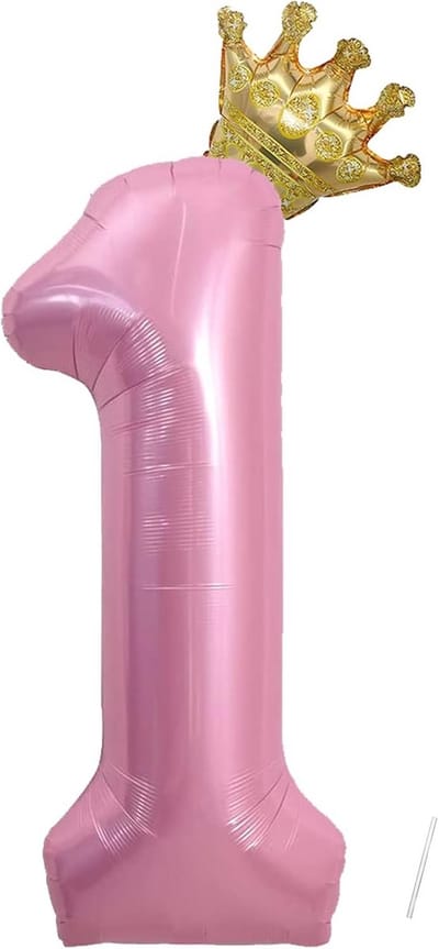 Grote Roze Folieballon Cijfer 1 met Kroon, 101 cm Heliumballon voor Kindverjaardag Feestdecoratie