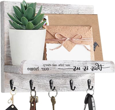 Wanddecoratie voor Sleutels en Posthouder van Rustiek Hout (30x25cm, Antiek Wit) - Sleutelorganizer, Wandplank, Interieurdecoratie