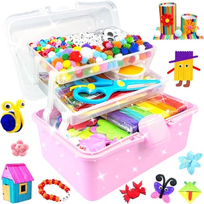 Knutselset voor kinderen, 3000 stuks, knutselkoffer, 3-laagse knutseldoos, knutselmateriaalset met pijpenreiniger, knutselen en doe-het-zelf speelgoed, cadeaus voor meisjes en jongens, 4-6, 6