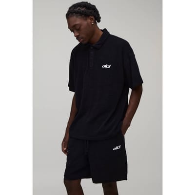 Oversized Towelling Polo & Baggy Short Set | Black | Size XS
