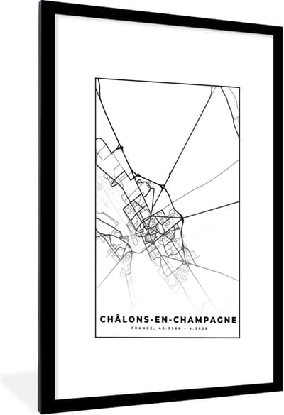 Fotolijst incl. Poster Zwart Wit- Stadskaart – Châlons-en-Champagne - Plattegrond – Kaart – Frankrijk - Zwart wit - 60x90 cm - Posterlijst