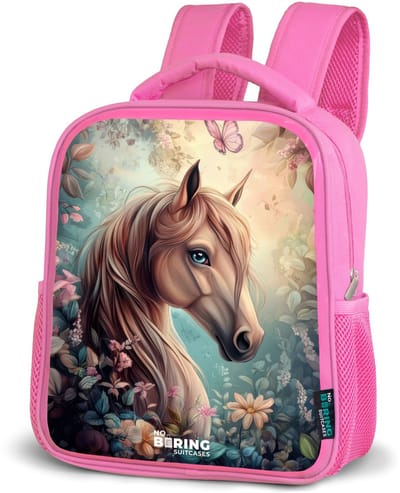 NoBoringSuitcases.com® - Rugzak roze - Schooltas meisjes - Paard met vlinders in bloementuin - Kinder rugtas meisje - Boekentas kind - Kinderrugzak voor school - Schoolrugzak
