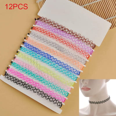 12 stuks Hot Sale Vintage Chokers Kettingen Voor Vrouwen Stretch Tattoo Kettingen Elastische Chocker Eenvoudige Trendy Meisjes Korte Hanger multi