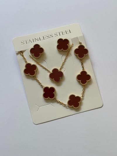 Donker Rode klaver set - Sieraden set- Ketting - Armband - Oorbellen - Geschenk set