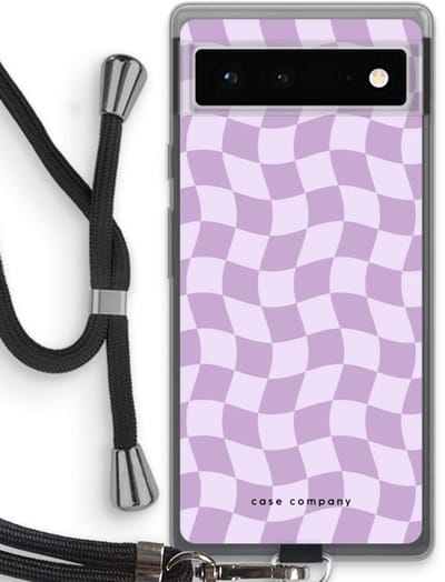 Case Company® - Hoesje met koord geschikt voor Google Pixel 6 hoesje met Koord - Grid Paars - Telefoonhoesje met Zwart Koord - Bescherming aan alle Kanten en Over de Schermrand