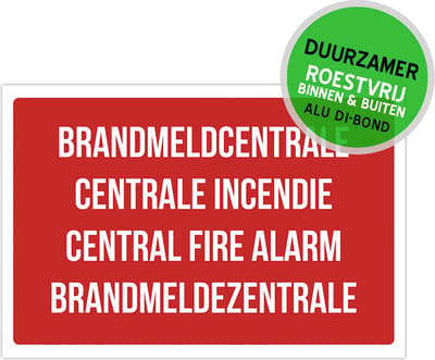 Pictogram/ bord Dibond | "Brandmeldcentrale" in 4 talen | 30 x 20 cm | Brandalarm | Brand | Noodgeval | Calamiteit | Meld | Noodsituatie | Brandweer | Roestvrij | Rood | Duits | Engels | Frans | Nederlands | 1 stuk