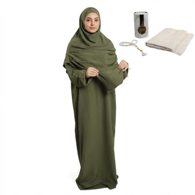 FIRASET Khakikleurige 2-delige Gebedskleding met Ingeweven Dessin, met Opbergtas + islamitische geschenkset met gebedskleed (seccade) en gebedskralen, cilindervormige doos – Made in Turkije