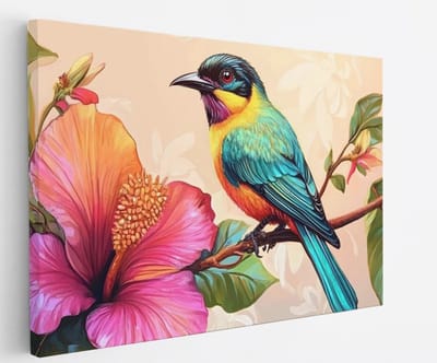 Saammp Canvas Schilderij - Vogel op tak met bloem - Natuur - Abstract - 45x30 - Foto op canvas - Wanddecoratie - Muurdecoratie Woonkamer - Woonkamer Decoratie