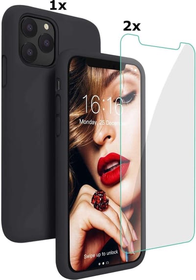 Hoesje Geschikt voor iPhone 12/12 Pro Soft Nano siliconen Gel Zwart Hoesje Met 2X Glazen screenprotector