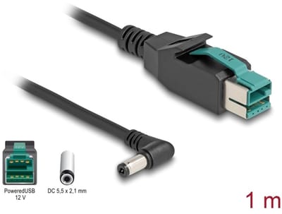 Delock PoweredUSB cable male 12 V to DC 5.5 x 2.1 mm male angled 1 m