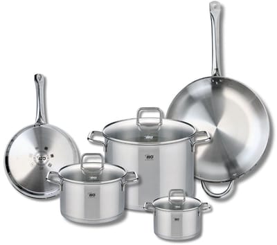Set van 2 Koekenpannen 24 en 32 cm en 3 kookpotten 14, 20 en 26 cm Elo Profi Citrin