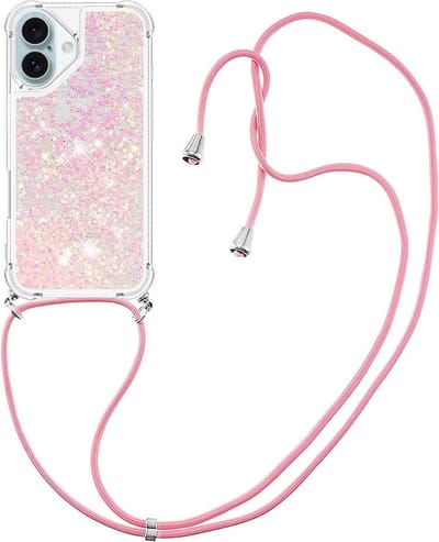 Coverup Hoesje - Geschikt voor iPhone 16 Hoesje - Coverup Liquid Glitter Back Cover met Koord - Roze