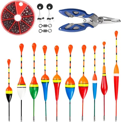 SnelShoppen - Set van 10 Hengeldobbers, Zwemmervissen, Forel, 22-delige Visaccessoireset met Loodrood, Rubber Stopper, Hengeltang voor Meren en Wervel