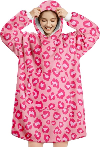 Comfortabele Plaid Hoodie Deken met Mouwen Roze Luipaardprint - Warme Sherpa Omslagdoek voor Volwassenen