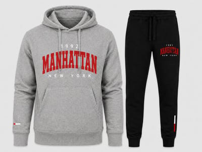Men's Tracksuit Set Hoodie & Joggers - Manhattan 1992 Print - Cotton Blend Jogging Suit - Sportswear, Gym & Casual Wear – Melange Grijs - S