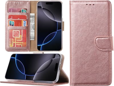 Hoesje Geschikt voor iPhone 16 Pro hoesje – portemonnee bookcase met pasjeshouder – Rosegoud