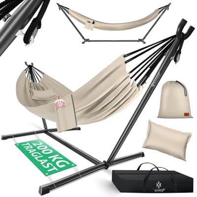 Hangmat met frame - Dubbele hangmat - Ontspanning buiten - Stabiel stalen frame - 200kg draagkracht - Beige
