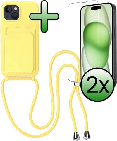 Hoes Geschikt voor iPhone 15 Hoesje Pas Houder Case Hoes Met Koord Met 2x Screenprotector - Hoesje Geschikt voor iPhone 15 Hoes Met Telefoonkoord Pasjeshouder Cover - Geel