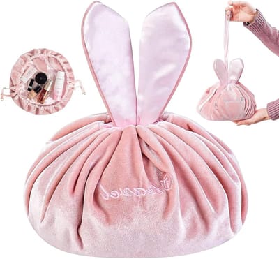 Grote Draagbare Make-up Tas met Trekkoord voor Kinderen en Vrouwen - Roze Konijn, Cosmetica Organizer, Reis Make-up Opbergtas