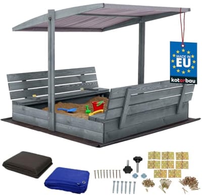 KOTARBAU® Houten Zandbak - 140 x 140 cm - Grijs - Zandbak met Bankjes - met Grijs Dak - en Grondzeil - voor Tuin - Buitenspeelgoed