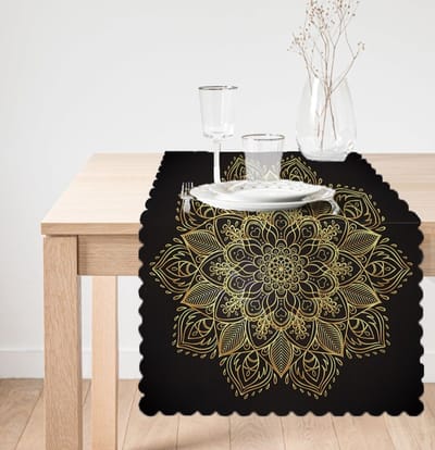 Velvet Textiel Tafelloper - Runner 45x220- Gold Mandala op Zwart - Tafellaken - Tafelkleed - Kleed