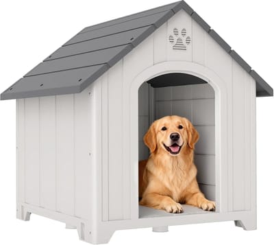 Roossentials hondenhok voor buiten - Hondenkennel - Hondenhuis - Met 2 ramen - Verhoogde basis - Schuin dak - Grijs