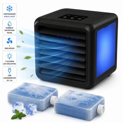 QUIGG Mini Air Cooler met LED Verlichting – Draagbare Luchtkoeler – Dubbele Watertank 700 ml – 3 Snelheden – USB Aangedreven – Zwart