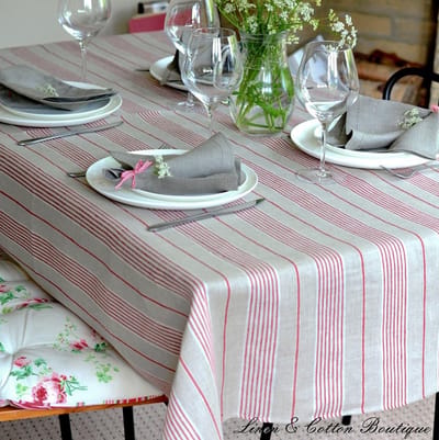 Hoogwaardig Linnen Tafelkleed Rechthoekig in Natuurlijk Beige en Rood Gestreept - 100% Linnen voor Eettafel en Keuken