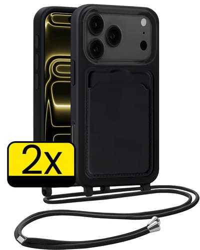 Hoesje Geschikt voor iPhone 17 Pro Max Telefoonhoesje Met Koord Case Pashouder Siliconen - Hoes Geschikt voor iPhone 17 Pro Max Hoesje Met Kaarthouder - Zwart - 2 Stuks