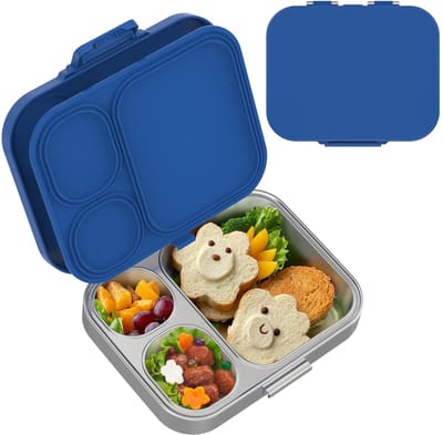 Broodtrommel voor kinderen, 1000 ml, met 3 vakken, roestvrij staal, bento lunchbox met siliconen deksel, lekvrij, vaatwasmachinebestendig, bento box voor picknick, werk, reizen (blauw)
