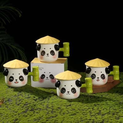 Mok met Panda in Reliëf in Chinese Stijl, Leuke Keramische Kop met Deksel, Cadeau Souvenir, Creatieve Koffiekop 301—400ml beige