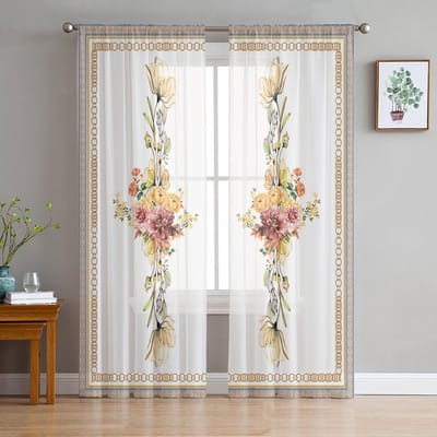 Bloem Cirkel Handgeschilderde Bladeren Voile Transparante Gordijnen Woonkamer Raam Tule Gordijn Keuken Slaapkamer Drapes Huisdecoratie 135W x 114H(cm)