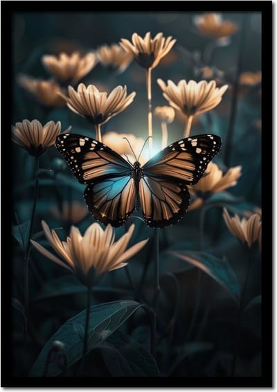 Poster vlinder vliegt tussen de bloemen - 21cm x 30cm a4 - vintage - woonkamer - slaapkamer - bloemen posters - goedkoop - muurposter - natuur - wanddecoratie