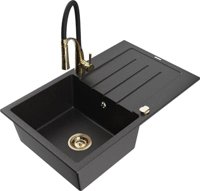 Mexen Bruno granieten spoelbak met 1 bak, afdruiprek en Aster keukenkraan, zwart/zilver metallic - 6513-73-73450-57-G