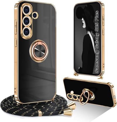 Geschikt voor Samsung Galaxy S24 Plus - Schokbestendig - Ringstandaard - Beschermhoes met Koord - Back Cover Hoesje - Zwart/Goud