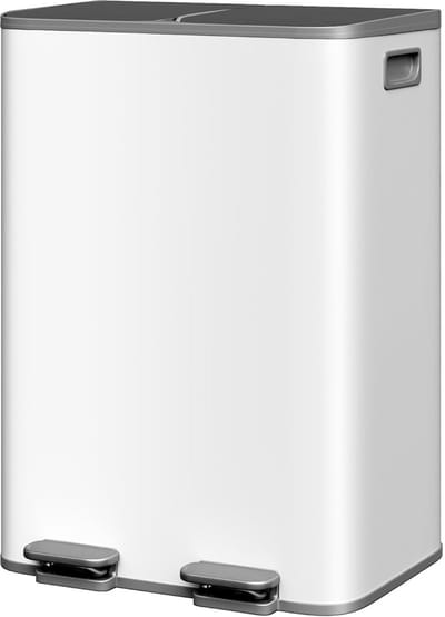 Prullenbak met 2 Vakken - Dubbele Pedaalemmer voor Afvalscheiding - 60 Liter (2 x 30L) - Softclose & Stay-Open - Vingerafdrukvrij RVS - Grijs/Wit