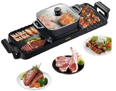 Cherrys Finds - Elektrische BBQ - 2400W- Pan Grill en Hot Pot - Elektrische kookplaat - Draagbaar en Rookvrij - Afneembare Anti-aanbaklaag - BBQ - Gourmet - Grill - Kookgerei - Koken - Grillen