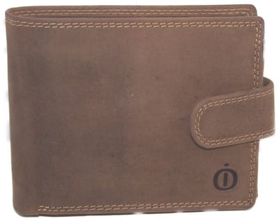 Oi Hunter bruine lederen billfold laag model afgesloten met een drukker / heren portemonnee afsluitbaar met lipje / heren beurs voor veel pasjes / anti skim / bruin leer / 352H