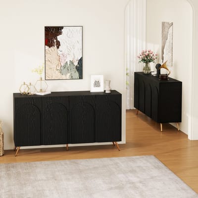 STILVORA Dressoir - Mid-Century Design Met 3D-Ribbeldeuren - Verstelbare Planken Voor Hal En Woonkamer - Spaanplaat - Zwart