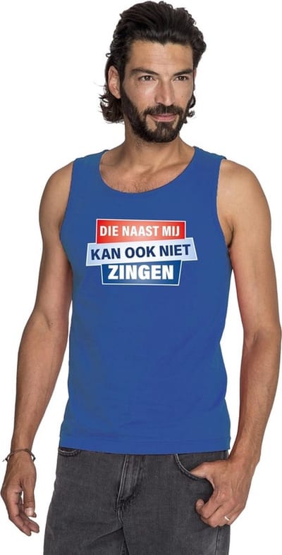Blauw mouwloos shirt / tanktop - Die naast mij kan ook niet zingen heren S