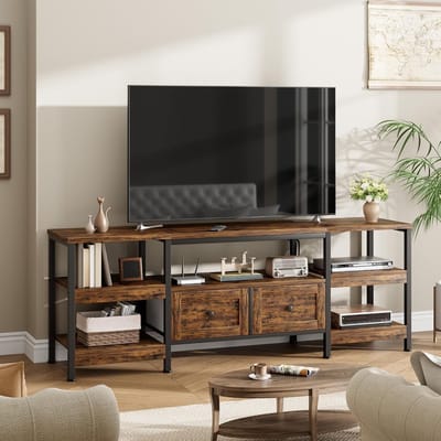 Tv-meubel- tv-standaard-laag kastje met 2 lades- 5 open vakken- voor woonkamer-tv-plank voor tv's tot 85 inch- industrieel design-vintage-200 x 40 x 65 cm