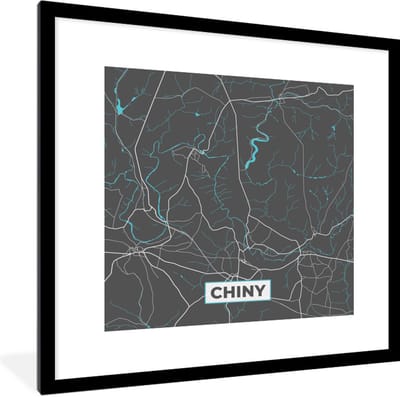 Fotolijst incl. Poster - Plattegrond – Chiny – Blauw – Stadskaart - Kaart - 40x40 cm - Posterlijst