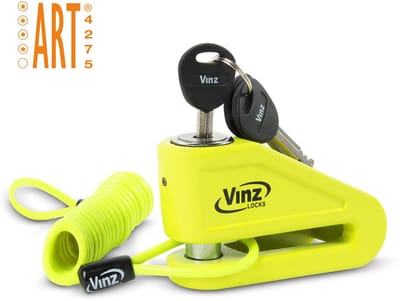 VINZ Baretti ART 4 Schijfremslot, Remschijfslot - Motorslot, Scooterslot - ART 4 Slot - Tasje & Reminder Geel
