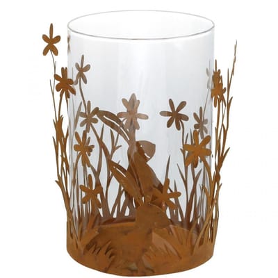 Lantaarn met konijnen, lentedecoratie, metalen decoratie met bloemen,