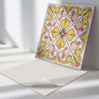 Wallfluent Vinyl Tegels - Bloemenpatroon met Ornamenten Zelfklevende Vinyltegels - 30 cm x 30 cm - Geel Vinyl Tegels - 9 stuks - Vierkant PVC Tegels - Patroon Plaktegels - Vloer Tegels PVC - Plaktegels Keuken en Badkamer